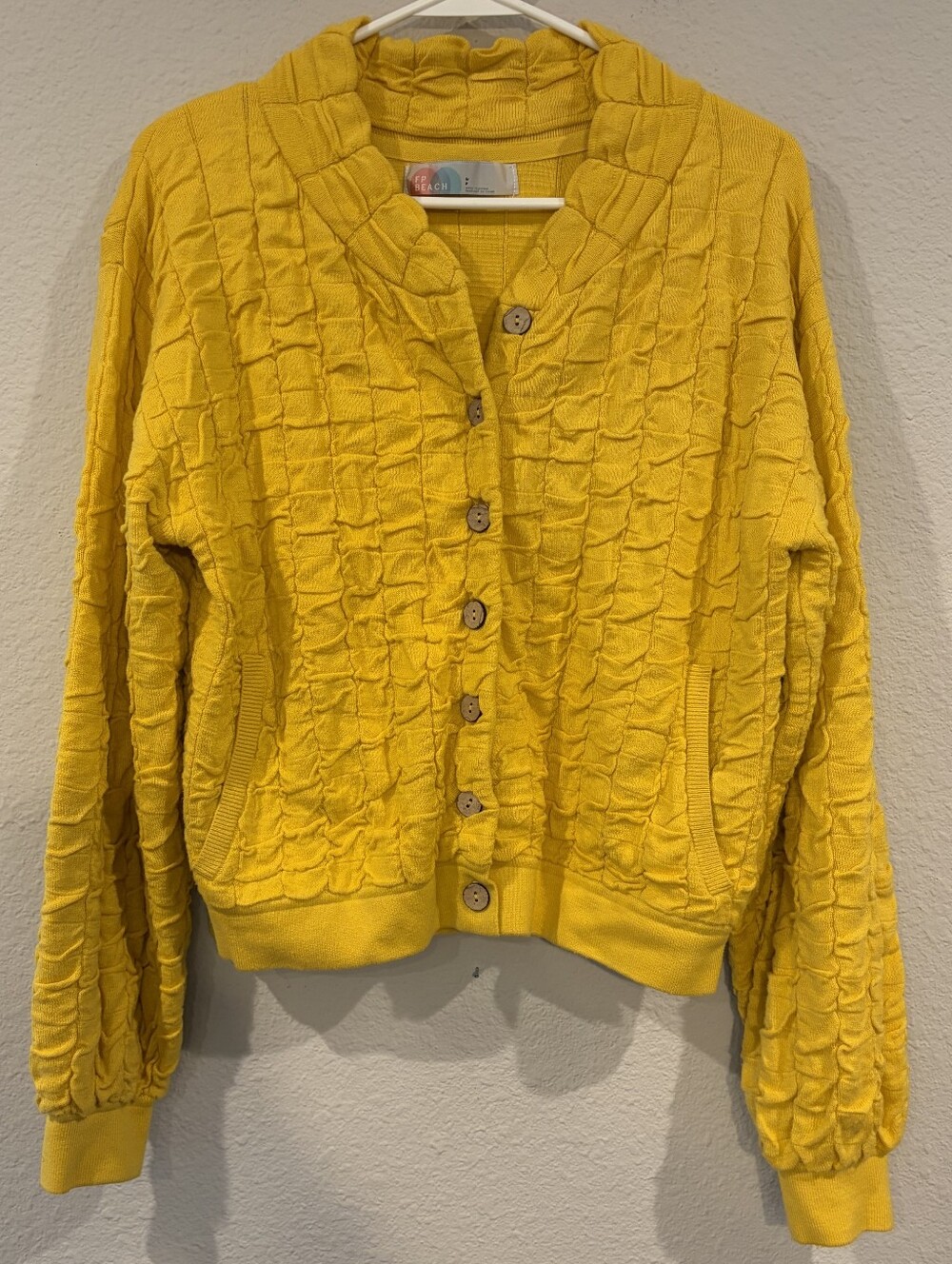 Free People Beach Womens Yellow Textured Button Up Sweatshirt Cardigan Size Sm